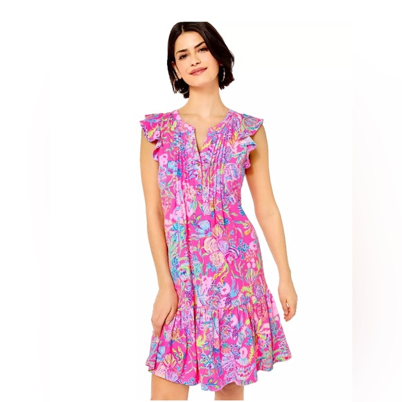 Lilly Pulitzer‎ Golda Flutter Sleeve Dress Pink Isle Shell Me Some Sz-M Rt-128$ - Picture 1 of 9